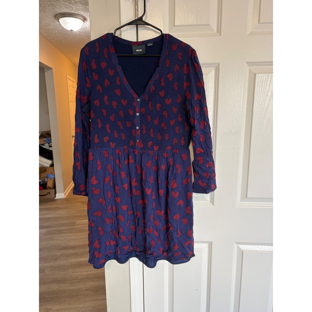 Maeve Anthropologie Navy Red Heart Print Smocked V-Neck Mini Dress XL